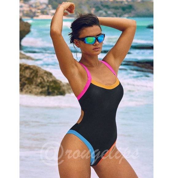 Black One Piece Criss Cross Monokini Swimsuit Multi-Color Trim - Picture 3 of 6